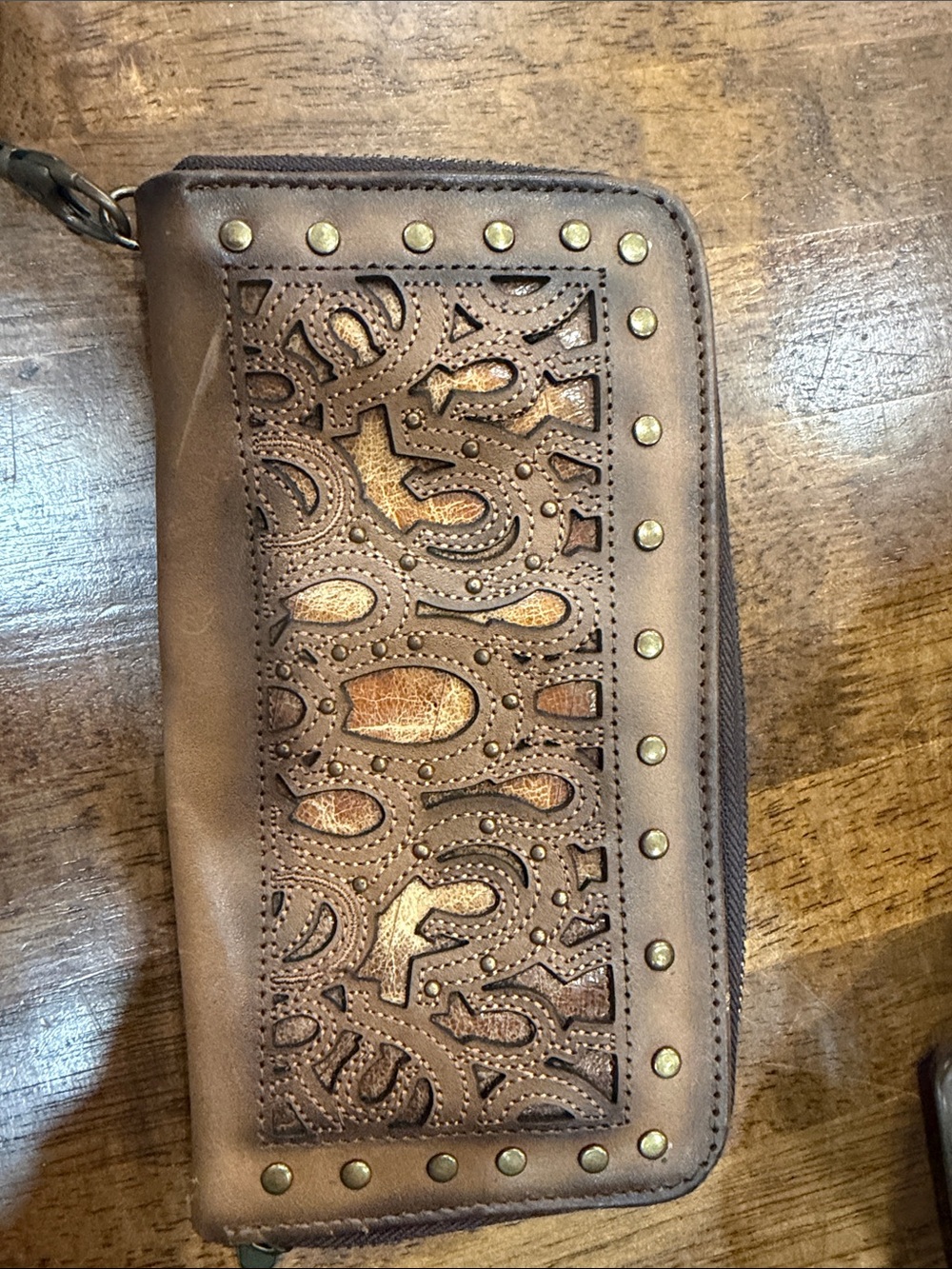Brown Leather Studded Zip Wallet